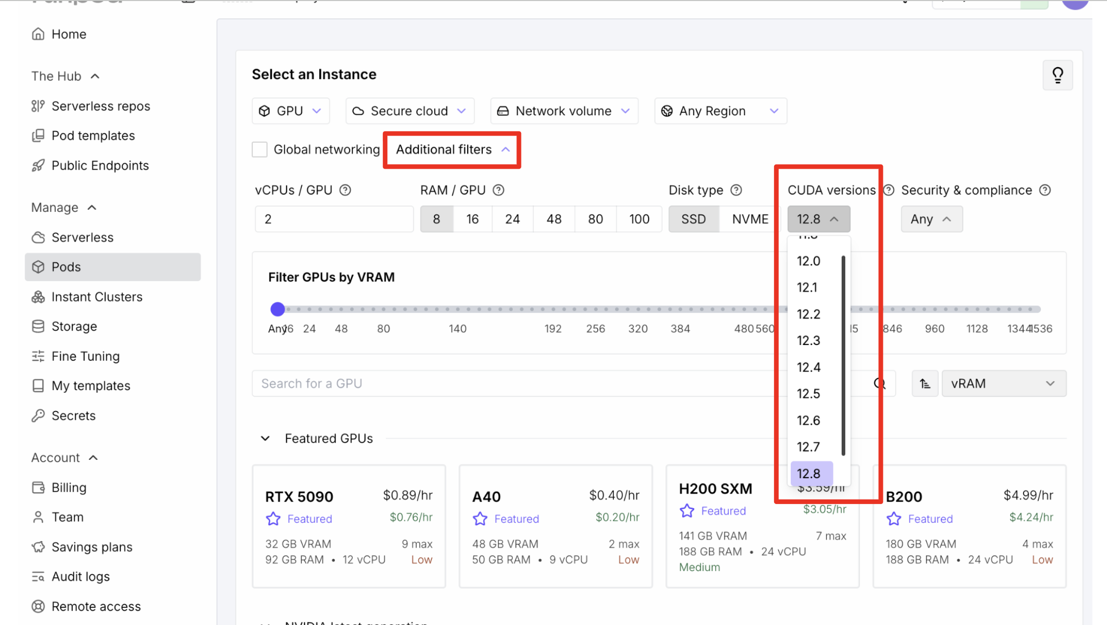 RunPod CUDA selection