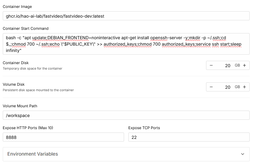 RunPod template configuration