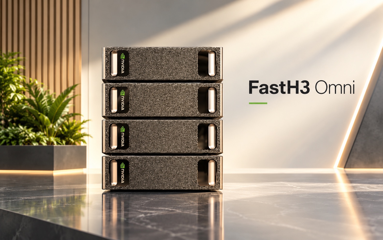 A stack of NVIDIA DGX Spark systems beside the FastH3 Omni wordmark