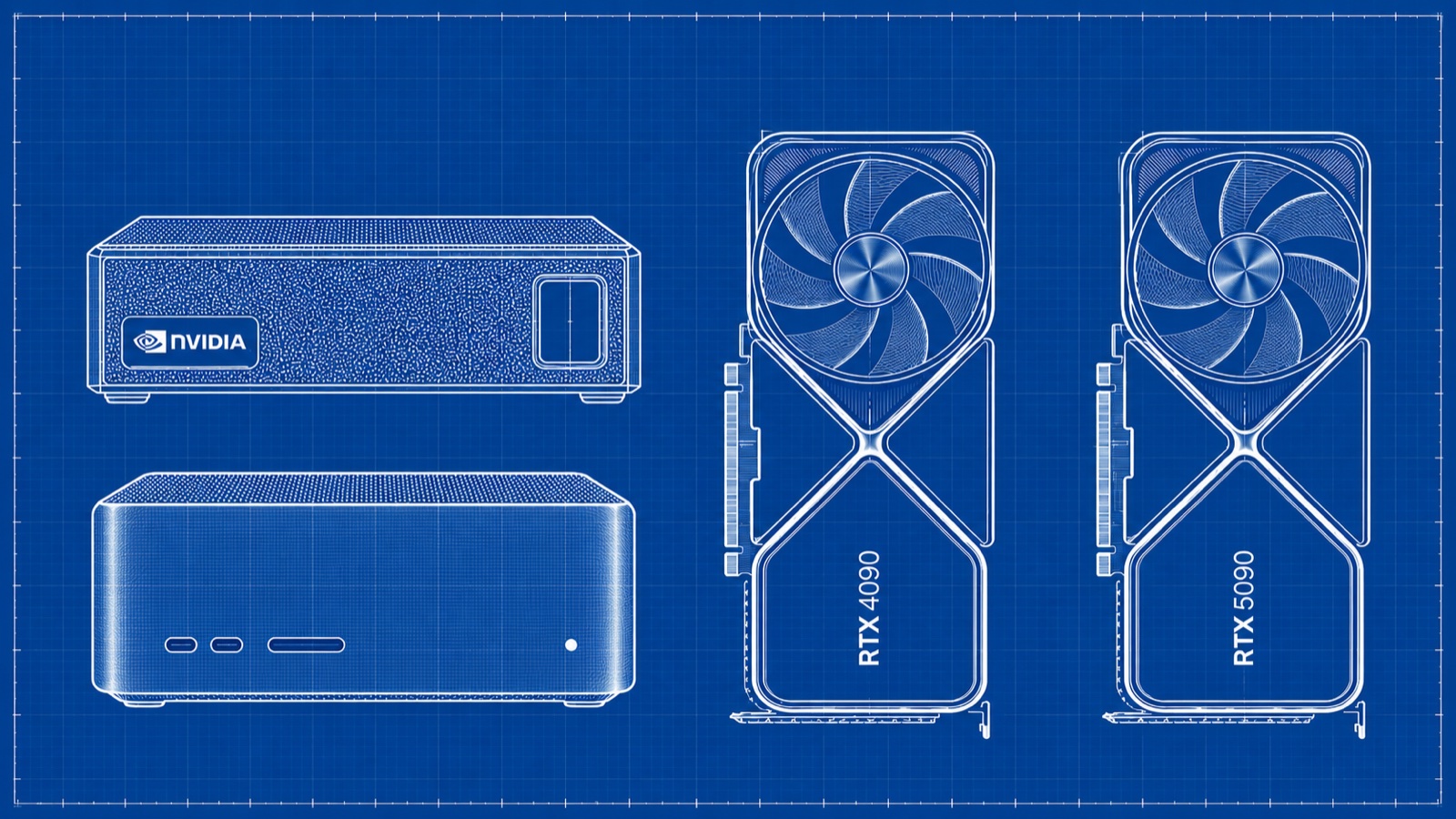 Blueprint drawings of a DGX Spark, a Mac Studio, an RTX 4090 and an RTX 5090