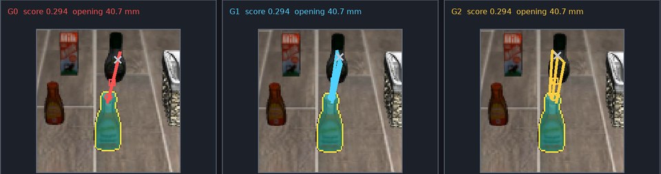 Three grasp candidates drawn on the chosen bottle