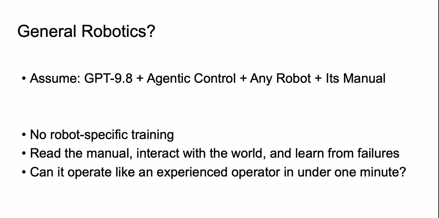 Slide: General Robotics? Assume GPT-9.8 + Agentic Control + Any Robot + Its Manual.