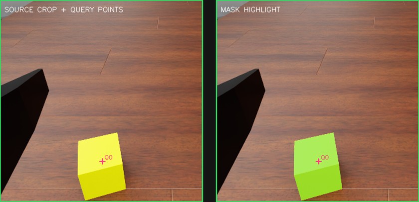 One pointed pixel on the wrist view and the mask of the yellow block